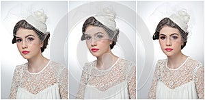 Hairstyle and make up - beautiful young girl art portrait. Cute brunette with white cap and veil, studio shot. Attractive girl