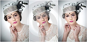 Hairstyle and make up - beautiful young girl art portrait. Cute brunette with white cap and veil, studio shot. Attractive girl