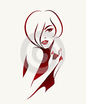 Hairstyle, makeup, manicure logo. Beautiful woman. Red color illustration.