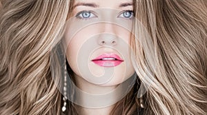 Hairstyle model and beauty face closeup. Beautiful blonde woman with long straight blond hair styled in curly waves