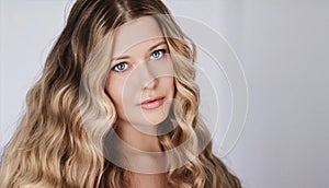 Hairstyle model and beauty face closeup. Beautiful blonde woman with long straight blond hair styled in curly waves