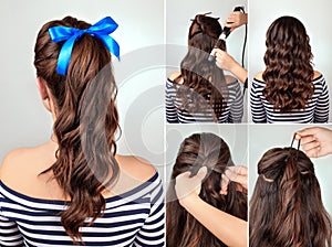 Hairstyle pony tail on curly hair tutorial