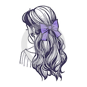 Hairstyle with a purple bow on long hair. Beautiful female hairstyle with retro style hair accessory. Hand drawn vector