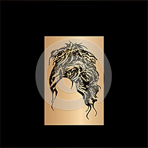 Hairstyle silhouettes. Great set for styling black hair for women. Black and gold background