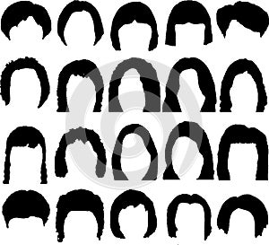 Hairstyle silhouettes. Great set for styling black hair for women. Black and white background.