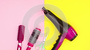 Hairstyle tools appear on pink yellow theme. Stop motion