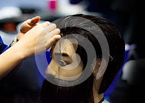 Hairstyles on dummy head of hair salon