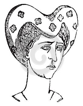 Hairstyles women, 1360-1390, vintage engraving