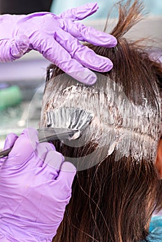 Hairstylist applying tint to the roots of the hair