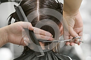 Hairstylist combing hair