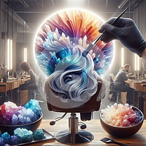 A hairstylist creating a geode hair color effect using a cryst