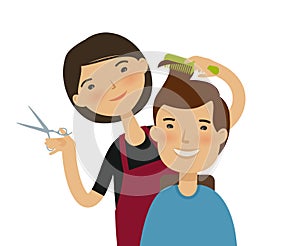 Hairstylist cutting hair. Men`s hairstyle, beauty saloon concept. Funny cartoon vector illustration