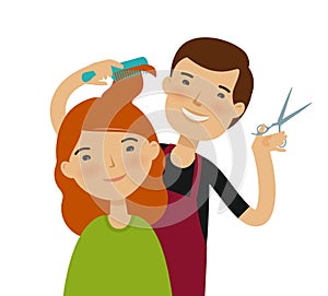 Hairstylist cutting hair. Women`s haircut, beauty saloon, fashion concept. Funny cartoon vector illustration