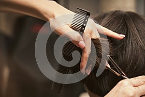 Hairstylist does cutting hair tips of a female customer in a beauty salon. Womens fashion and style. Hair care, beauty