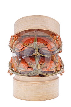 Hairy crabs on the Bamboo steamer Isolated in