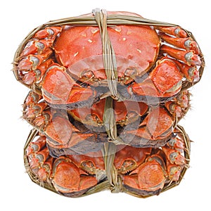 Hairy crabs on the Bamboo steamer Isolated in