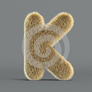 Hairy font, furry alphabet, 3d rendering, letter K