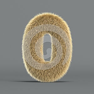 Hairy font, furry alphabet, 3d rendering, number 0