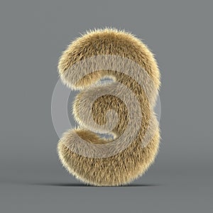 Hairy font, furry alphabet, 3d rendering, number 3