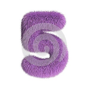 Hairy font, furry alphabet, 3d rendering, number 5