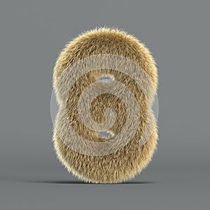 Hairy font, furry alphabet, 3d rendering, number 8