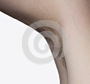 Hairy mans armpit, close-up, white background