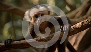 Hairy monkey eating on branch, close up portrait in forest generated by AI