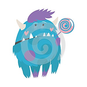 Hairy Monster with Horns Standing and Sucking Lollipop Vector Illustration