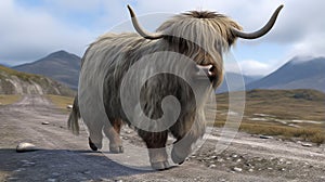 Hairy Scottish Yak on the road. AI Generative