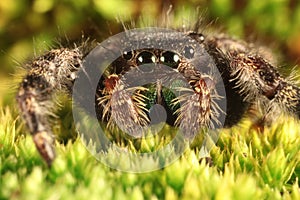 Hairy spider with large eyes close up