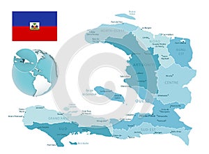 Haiti administrative blue-green map with country flag and location on a globe.