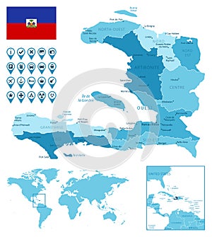 Haiti detailed administrative blue map with country flag and location on the world map.