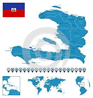 Haiti - detailed blue country map with cities, regions, location on world map and globe. Infographic icons