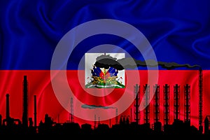 Haiti flag, background with space for your logo - industrial 3D illustration.Silhouette of a chemical plant, oil refining, gas,