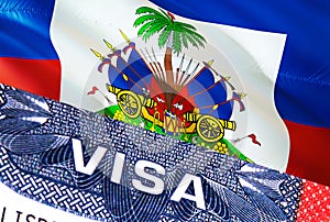 Haiti Visa Document, with Haiti flag in background. Haiti flag with Close up text VISA on USA visa stamp in passport,3D rendering.