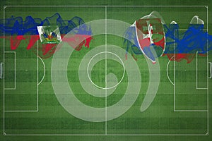 Haiti vs slovensko fotbalový zápas, národní barvy, státní vlajky, fotbalové hřiště, fotbalový zápas, kopírování vesmíru