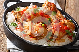 Haitian stewed Chicken poulet creole with rice closeup. horion photo