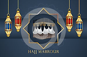 Hajj mabrour celebration with golden lanterns hanging and mecca