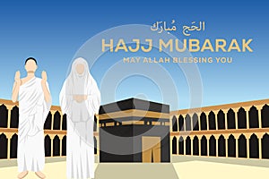 hajj mubarak flat design with two people praying in masjid haram