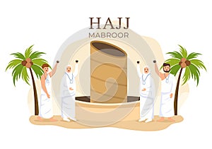 Hajj or Umrah Mabroor Cartoon Illustration with People Character and Throwing Stones at the Jamaraat Tiangs Pillar Suitable for