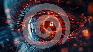 Haker eye with tiny lines of code and data nodes, with a glowing lock at the center of the pupil
