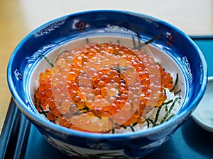 Hakodate, Hokkaido, Japan - Ikura don, a Japanese traditional rice bowl dish topped with red caviar made from the roe of salmon.