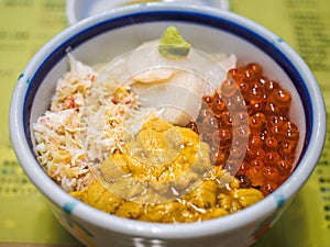 Hakodate, Hokkaido, Japan - Kaisen don, a Japanese traditional rice bowl dish topped with Thinly-sliced sashimi and fish roe.