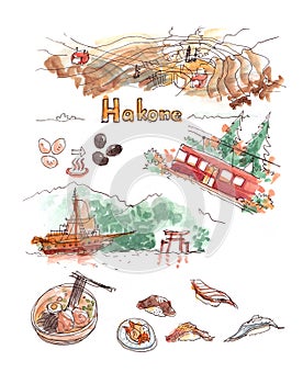 Hakone atttractions watercolor illustration. Hot spring ropeway, Ashi lake and black eggs