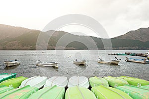 Hakone, Japan - MARCH 29, 2016: Boats floating at Ashi Lake