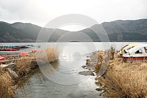 Hakone, Japan - MARCH 29, 2016: Boats floating at Ashi Lake