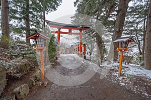 Hakone Jinja Heiwa no Torii with lake in Hakone old town, Kanagawa, urban city in Japan. Architecture landscape background