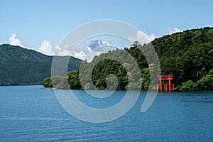 Hakone shrine with mt.Fuji at lake Ashi