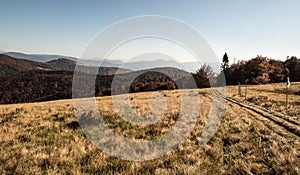 Hala na Malej Raczy with hills on the background in autumn Beskid Zywiecki mountains