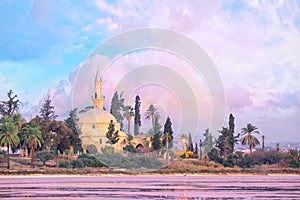 Hala Sultan Tekke Mosque on shore of salt lake in Larnaca, Cyprus